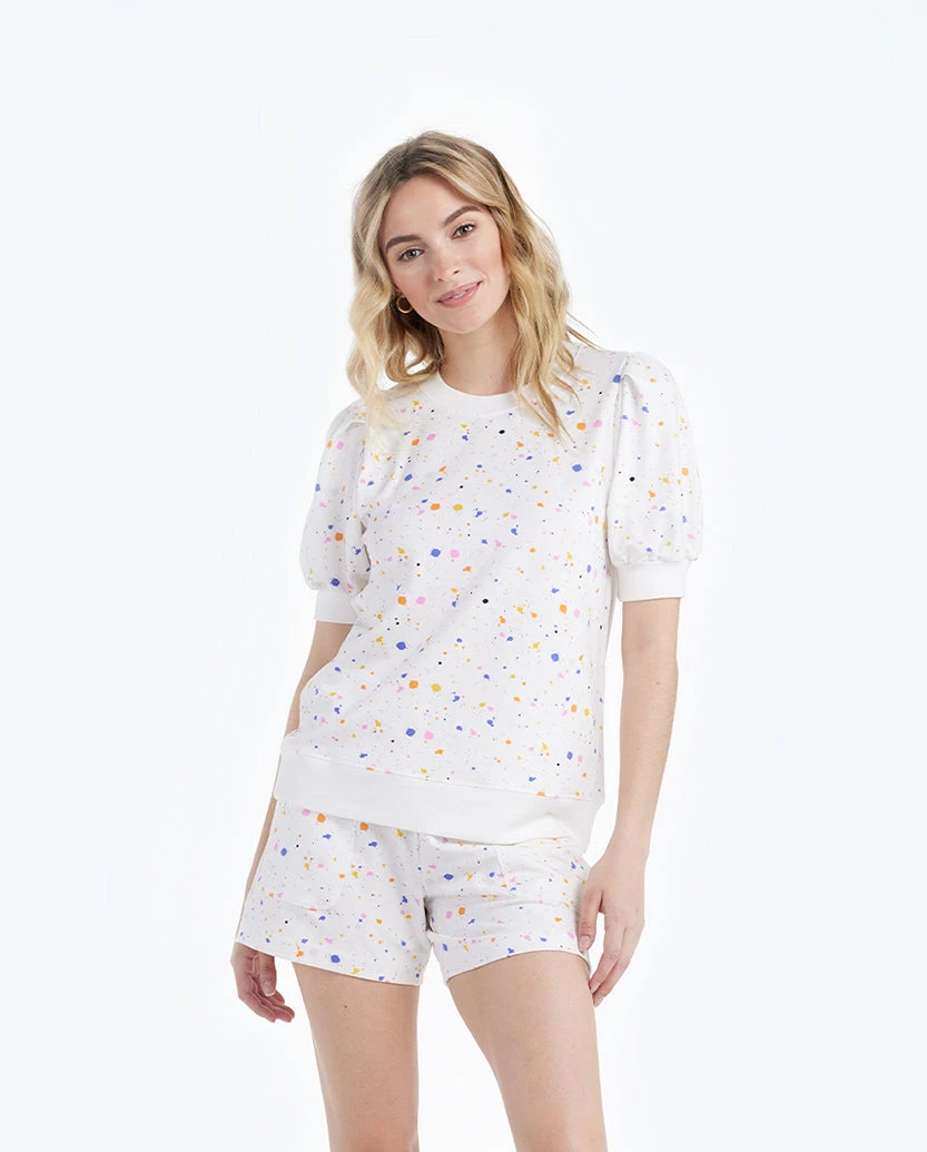 The Softest French Terry Puff Short Sleeve Top - Paint Splatter In White Sand 2 The Softest French Terry Puff Short Sleeve Top - Paint Splatter In White Sand - Image 2