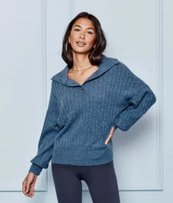 The Coziest Cashmere Blend Ribbed Half-Button Sweater - Steel -Summer Salt Swim Store 1 ModelFront 57dc305b 2e75 4857 851c 0e4ddf860fe0