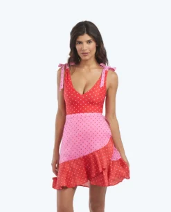 The Short Beach To Brunch Wrap Skirt - Square Dot In Flamingo & Hibiscus -Summer Salt Swim Store 1 ModelFront f7491a61 44eb 4d1a 8a7c 270bd6185dbb