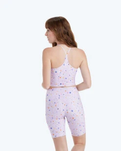 The High Neck Midi Sports Bra Tank - Paint Splatter In Lilac -Summer Salt Swim Store 2 ModelBack afb2c3a8 1ed1 4b1d bfea f8574c9445ef