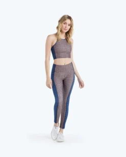 The High Neck Midi Sports Bra Tank - Gingham In Blue Mountain & Toffee -Summer Salt Swim Store 3 ModelDetailFront ffef5df2 75ae 41f6 aa59 b8f6f5c10139