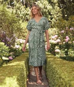 The Coastal Poplin Puff-Sleeve Wrap Midi Dress - Dotted Palms In Seagreen & White Sand -Summer Salt Swim Store 3 ModelFullBody ea772438 2853 45f9 b13f 084f35917f53