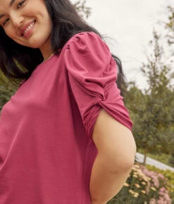 The Luxe Pima Twist-Sleeve T-Shirt Dress - Currant -Summer Salt Swim Store 4 ModelDetail ac601124 240a 4e0f a787 40b3d4696b82