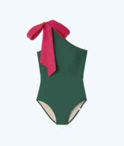 The Bow-Shoulder Ruched Sidestroke - Olive & Spritz 11 The Bow-Shoulder Ruched Sidestroke - Olive & Spritz -Summer Salt Swim Store Bow ShoulderRuchedSidestroke Olive Spritz Flat