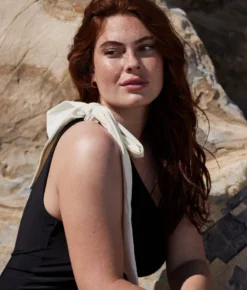 The Bow-Shoulder Ruched Sidestroke - Sea Urchin & White Sand -Summer Salt Swim Store Bow ShoulderRuchedSidestroke SeaUrchin WhiteSand 3Detail