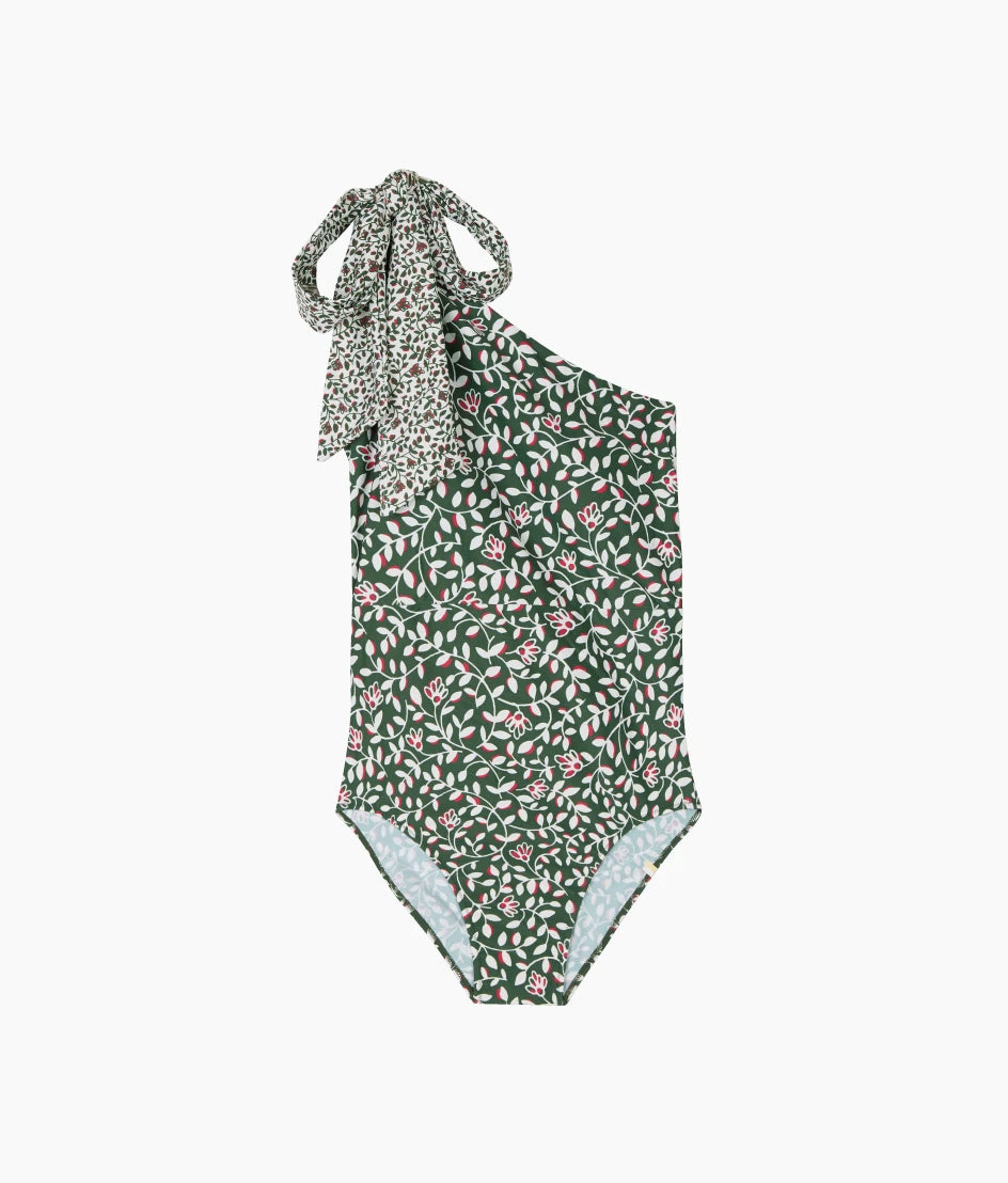 The Bow-Shoulder Ruched Sidestroke - Twilight Floral In Olive 4 The Bow-Shoulder Ruched Sidestroke - Twilight Floral In Olive - Image 4