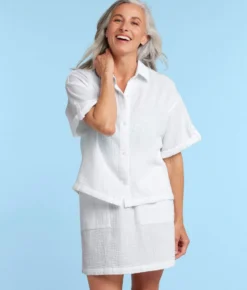 The Cloud Gauze Boxy Cropped Button-Up Shirt - White Sand 7 The Cloud Gauze Boxy Cropped Button-Up Shirt - White Sand -Summer Salt Swim Store CloudGauzeBoxyCroppedButton UpShirtWhiteSandFront1