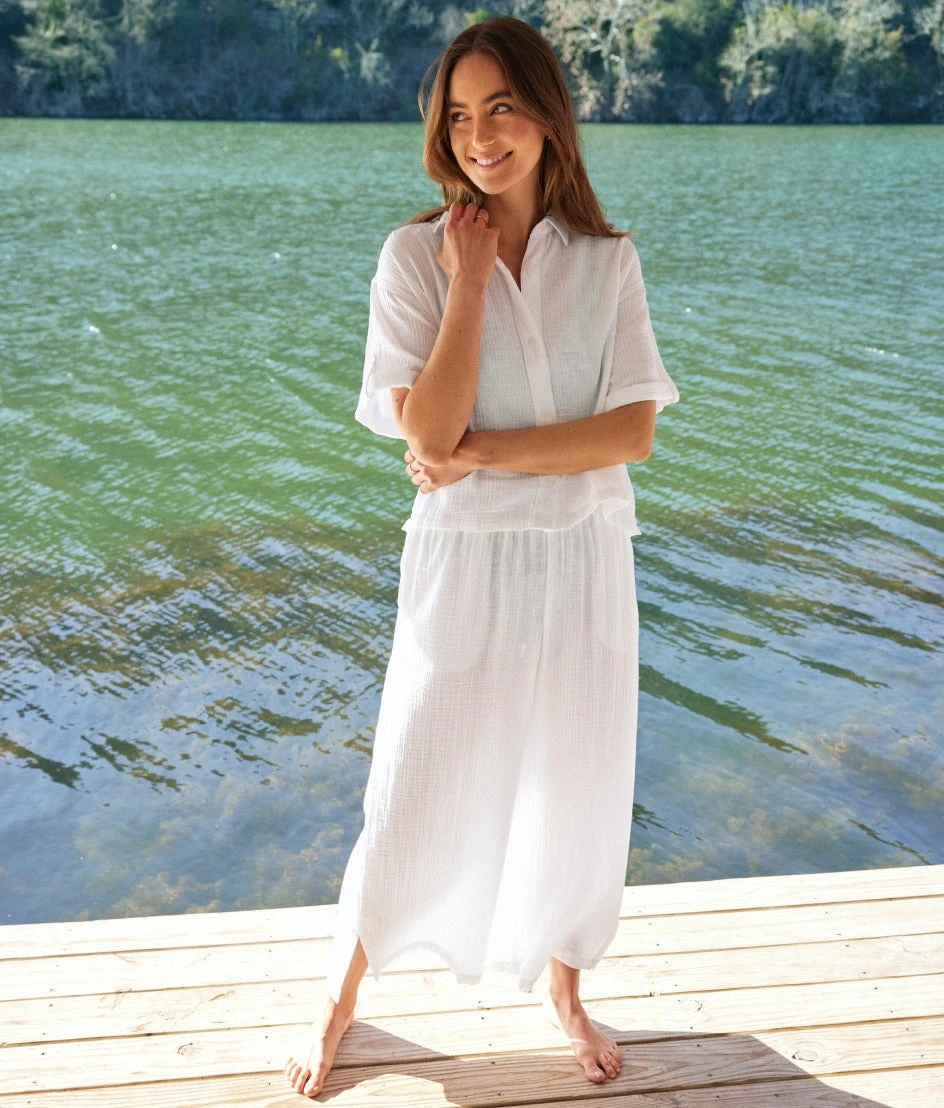 The Cloud Gauze Boxy Cropped Button-Up Shirt - White Sand 1 The Cloud Gauze Boxy Cropped Button-Up Shirt - White Sand