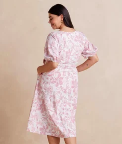 The Coastal Poplin Puff-Sleeve Wrap Midi Dress - Batik Floral In Faded Rose & White Sand -Summer Salt Swim Store CoastalPoplinPuff SleeveWrapMidiDress BatikFloralinFadedRose WhiteSand Back