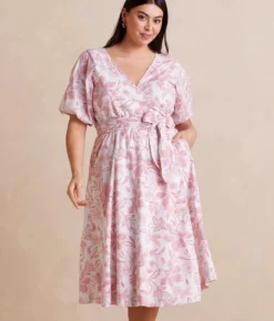 The Coastal Poplin Puff-Sleeve Wrap Midi Dress - Batik Floral In Faded Rose & White Sand -Summer Salt Swim Store CoastalPoplinPuff SleeveWrapMidiDress BatikFloralinFadedRose WhiteSand Front Crop