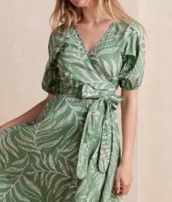 The Coastal Poplin Puff-Sleeve Wrap Midi Dress - Dotted Palms In Seagreen & White Sand -Summer Salt Swim Store CoastalPoplinPuff SleeveWrapMidiDress DottedPalmsinSeagreen WhiteSand Detail