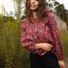 The Countryside Poplin Ruffle Blouse - Vineyard Blooms In Pinot