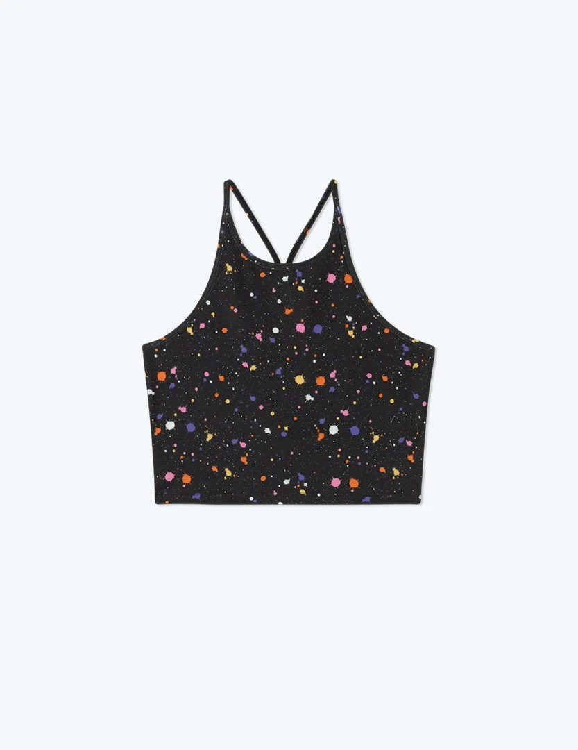 The High Neck Midi Sports Bra Tank - Paint Splatter In Sea Urchin 1 The High Neck Midi Sports Bra Tank - Paint Splatter In Sea Urchin