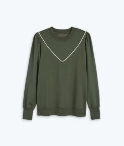 The Softest French Terry Contrast Puff-Sleeve Pullover - Olive & White Sand