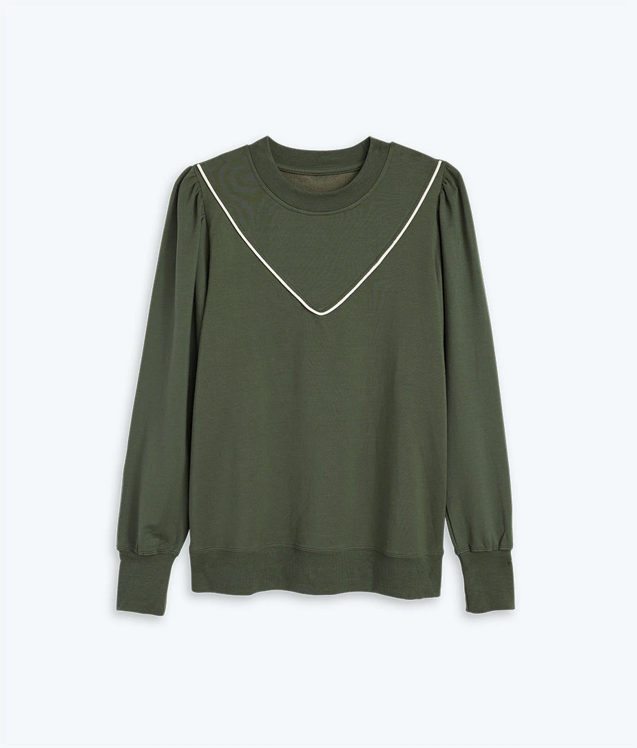 The Softest French Terry Contrast Puff-Sleeve Pullover - Olive & White Sand 1 The Softest French Terry Contrast Puff-Sleeve Pullover - Olive & White Sand