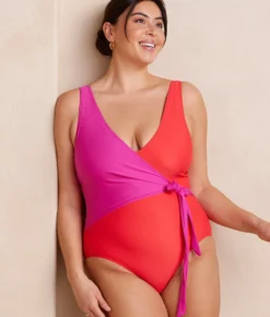 The Long Torso Perfect Wrap One Piece - Hibiscus & Grapefruit -Summer Salt Swim Store PWOP Hibiscus Grapefruit Front Crop