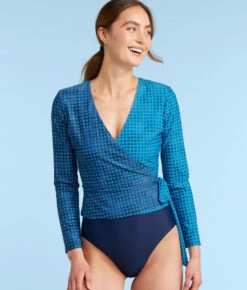 The Perfect Wrap Long Sleeve Cover-Up - Mixed Gingham In Calypso & Deep Sea -Summer Salt Swim Store PerfectWrapLongSleeveCover UpMixedGinghaminDeepSeaFront2