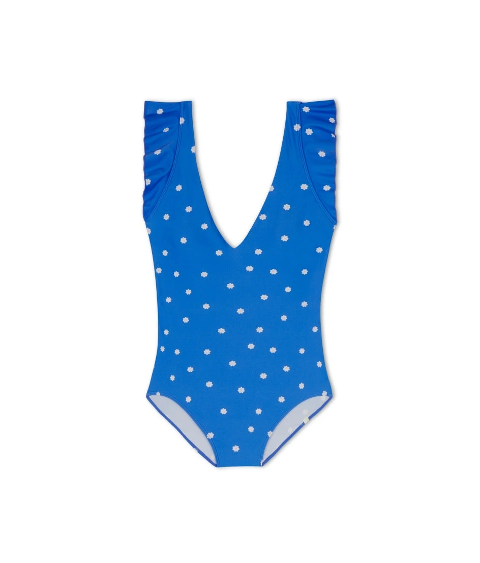 The Long Torso Ruffle Backflip - Microfloral In Azure & White Sand 2 The Long Torso Ruffle Backflip - Microfloral In Azure & White Sand - Image 2