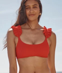 The RippleRib Ruffle Bikini Top - Lava -Summer Salt Swim Store Ruffle Strap Bikini Top Lava Ribbed 3