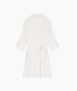 The Silky Luxe Short Effortless Shirtdress Cover-Up - Beach Stripe In Sandshell -Summer Salt Swim Store Silky Lux Effortless Shirtdress Cover Up Stripe White FLAT cb4c112d edc0 4ce5 a602 8973cbd4628c