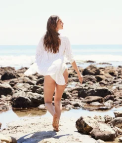 The Silky Luxe Short Effortless Shirtdress Cover-Up - Beach Stripe In Sandshell -Summer Salt Swim Store Silky Luxe Effortless Shirtdress Cover Up Stripe 3