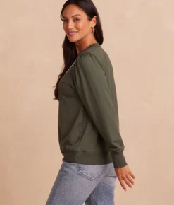 The Softest French Terry Contrast Puff-Sleeve Pullover - Olive & White Sand 8 The Softest French Terry Contrast Puff-Sleeve Pullover - Olive & White Sand -Summer Salt Swim Store SoftestFrenchTerryContrastPuff SleevePullover Olive WhiteSand Back Crop