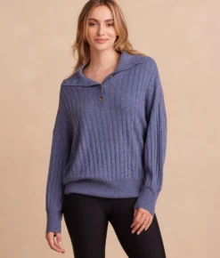 The Coziest Cashmere Blend Ribbed Half-Button Sweater - Steel