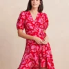 The Silky Luxe Puff Sleeve Beach To Brunch Wrap Dress - Pop Floral In Lava