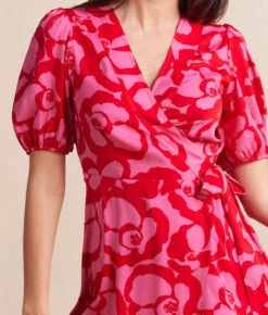 The Silky Luxe Puff Sleeve Beach To Brunch Wrap Dress - Pop Floral In Lava -Summer Salt Swim Store TheSilkyLuxePuffSleeveBeachtoBrunchWrapDress PopFloralinLava 3