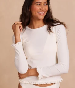 The Waterside Ruffle Rash Guard - White Sand 10 The Waterside Ruffle Rash Guard - White Sand -Summer Salt Swim Store WatersideRuffleRashGuardWhiteSandDetail