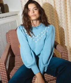 The Year-Round Balloon Sleeve Pompom Sweater - Glacier -Summer Salt Swim Store Year Round Balloon Sleeve Pompom Sweater Glacier 4